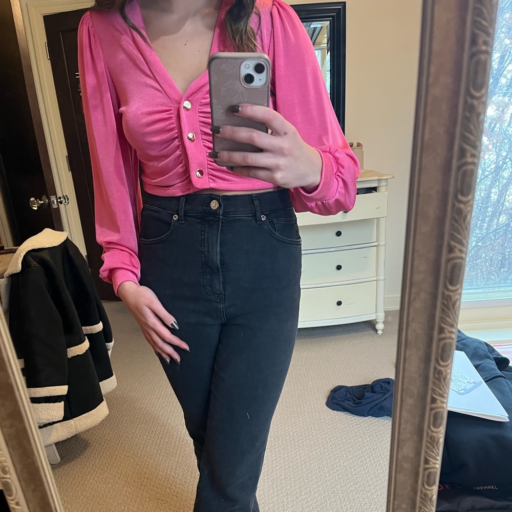 hot pink blouse with gold buttons size 6